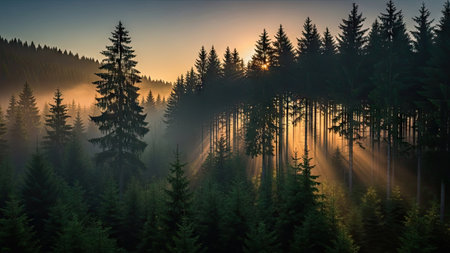 Foggy morning in coniferous forest. Panoramic viewの素材