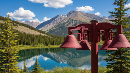 Pair of bells at the entrance to Lake Louise, Alberta, Canadaの素材