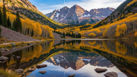 Mountain lake with reflection in autumn, Banff National Park, Alberta, Canadaの素材