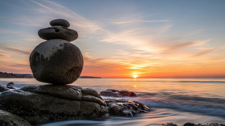Balanced stones on the beach at sunset. Baltic Sea, Poland.の素材