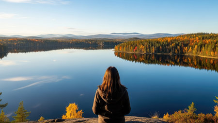 Young woman sitting on the edge of the lake and watching the autumn forestの素材