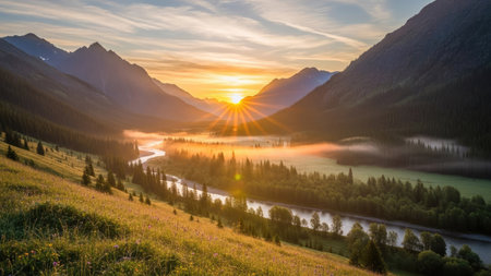 Sunset in the mountains of the Canadian Rockies. The concept of active and photo tourismの素材
