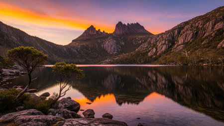 Mountains reflected in the lake at sunrise in Yosemite National Park, California, USAの素材