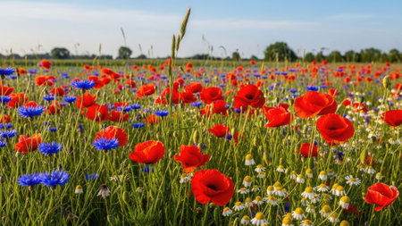 Field of poppies and cornflowers with blue cornflowersの素材