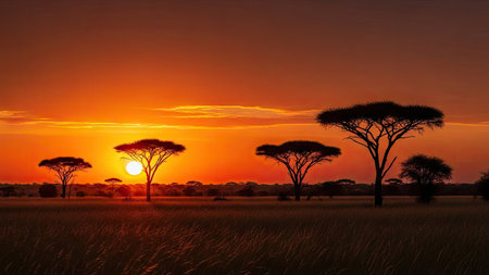 African sunset with acacia trees in Masai Mara National Park, Kenyaの素材