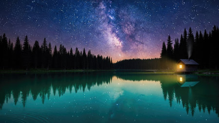 Milky Way over the lake in the mountains. Starry sky reflected in the water.の素材