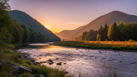 Mountain river at sunset in the Carpathian mountains, Ukraineの素材