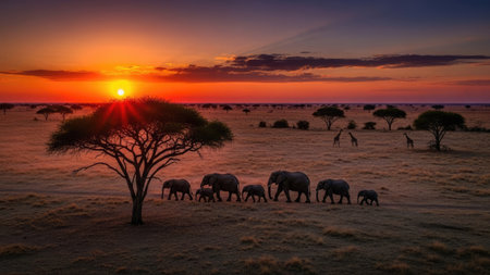 African landscape with elephants at sunset in Serengeti National Park, Tanzaniaの素材