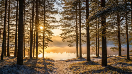 Sunrise over the lake in the winter forest. Landscape.の素材