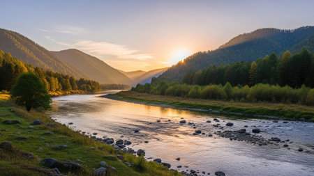 Panoramic view of the Katun river at sunset, Altai Republic, Russiaの素材
