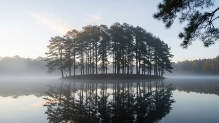 Foggy morning at the lake with pine trees in the foregroundの素材