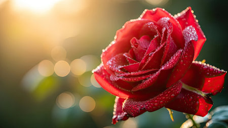 Beautiful red rose with dew drops on the petals.の素材