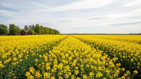 Rapeseed field in front of a red barn in the Netherlandsの素材
