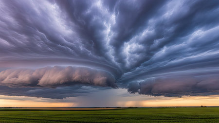 Dramatic stormy sky over green field. Nature composition.の素材
