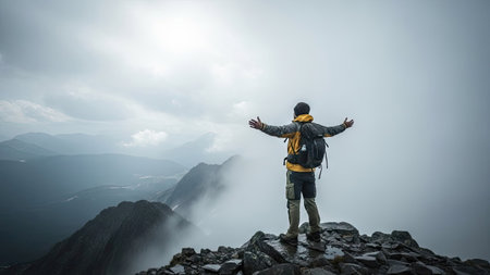 Hiker standing on top of a mountain with his arms outstretchedの素材