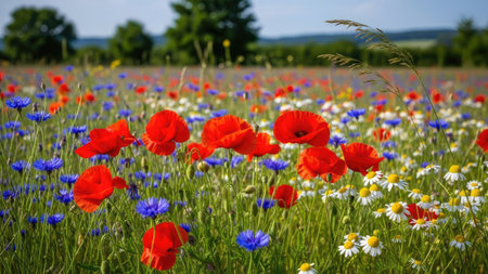 Red poppies and cornflowers in a field in summerの素材