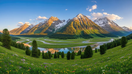Mountains and meadow at sunset, Canadian Rockies, Alberta, Canadaの素材