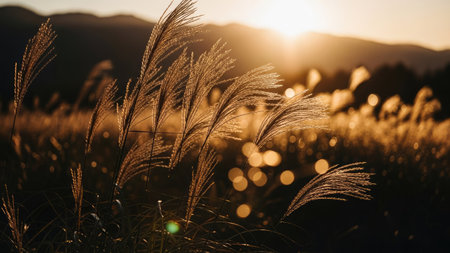 Pampas grass in the sunset with sun rays and bokehの素材