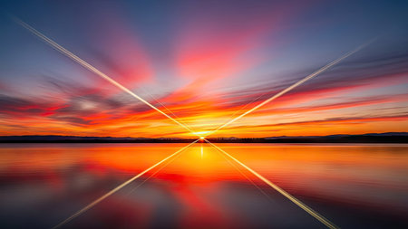 sunset on the lake with reflection on water, long exposure.の素材