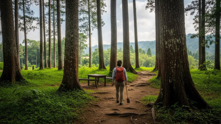 Woman hiking in the pine forest at Doi Inthanon National Park, Chiang Mai, Thailandの素材