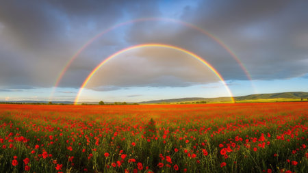 Sunset over poppy field with rainbow. Panoramic image.の素材