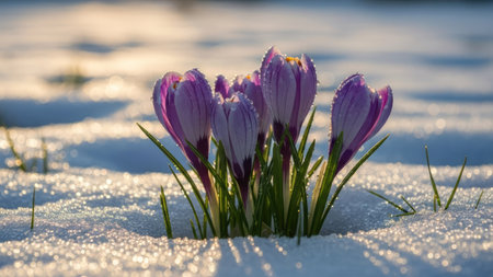 Beautiful crocus flowers in the snow. First spring flowers.の素材