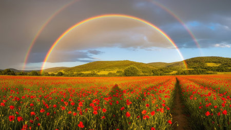 Field of poppies in the Carpathian mountains with rainbowの素材