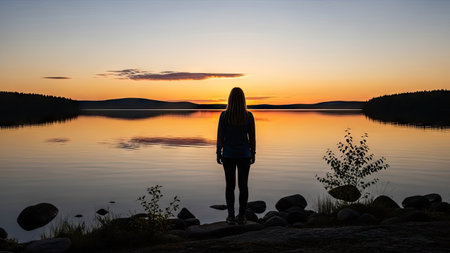 Silhouette of a girl on the shore of a lake at sunsetの素材