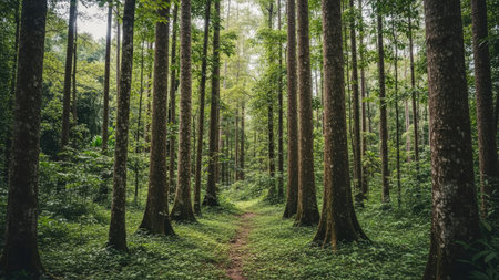 Trail in the green forest with sun light in the morning.の素材