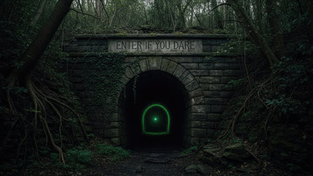 A dark tunnel in the woods with a glowing green light inside.の素材