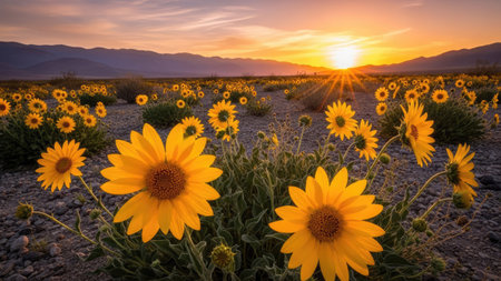 Sunflower field at sunset in Nevada, United States of America.の素材