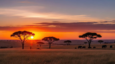 Sunset in Serengeti National Park, Tanzania, Africaの素材