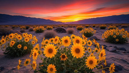 Sunflowers at Sunset in Death Valley National Park, California, USAの素材