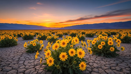 Sunflower field at sunset, Death Valley National Park, California, USAの素材