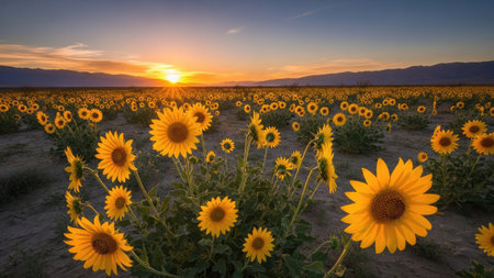 Sunflower field at sunset in California, USA. Sunflowers blooming in the desert.の素材
