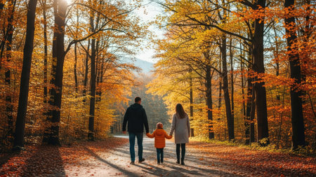 Happy family in autumn forest. Father, mother and child walk in the autumn forest.の素材