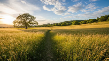 Sunset over a meadow in summer with a tree in the foregroundの素材