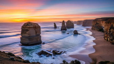 Twelve Apostles, Great Ocean Road at sunset, Victoria, Australiaの素材