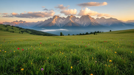 Mountain landscape with meadow and flowers at sunset. Dolomites, Italyの素材