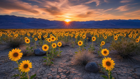 Sunflower field at sunset in Nevada, United States of America.の素材