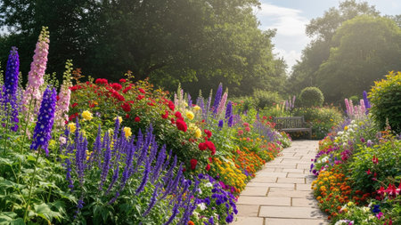 Beautiful garden with colorful flowers in the park at sunset time.の素材