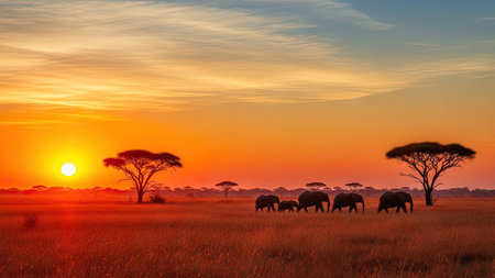 Sunset in the savannah with elephants and acacia trees.の素材