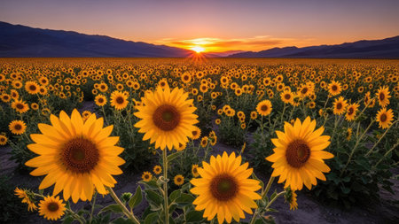 Sunflower field at sunset in California, United States of America.の素材