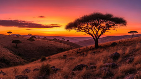 Sunset in Serengeti National Park, Tanzania, Africaの素材