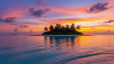 tropical island with palm trees at sunset. 3d illustration renderの素材