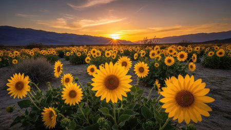 Sunflower field at sunset with sunflowers and mountains in backgroundの素材