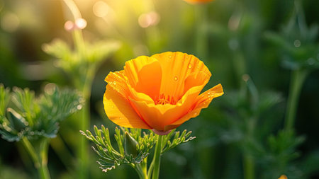 Orange poppy flower in the meadow with sunbeams and bokehの素材