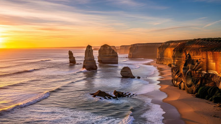 Twelve Apostles at sunset, Great Ocean Road, Victoria, Australiaの素材