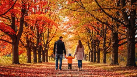 Happy family walking in autumn park. Mother, father and son spending time together.の素材