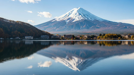 Mount Fuji reflected in Kawaguchiko lake, Yamanashi, Japanの素材